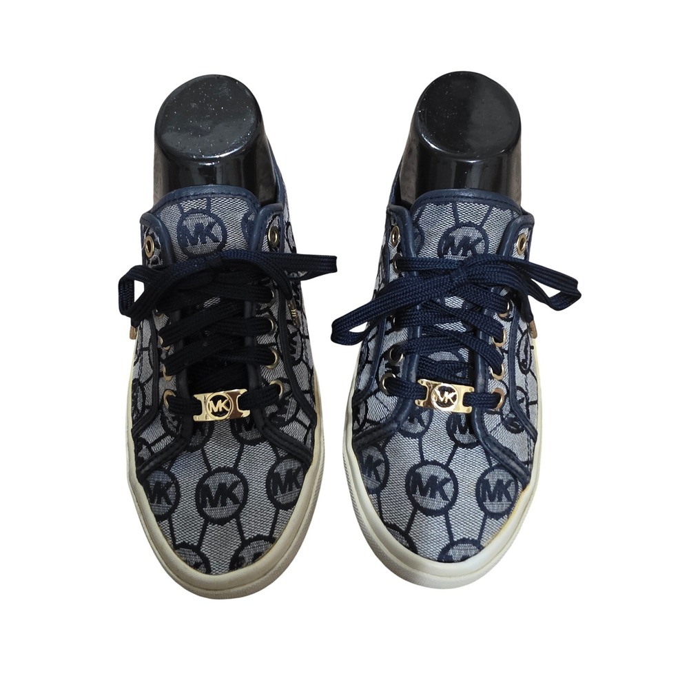 Michael Kors Navy Monogram Logo Low Top Sneakers Gold Hardware 7M AP13A